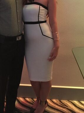Express Strapless White Sheath Dress with Black Piping